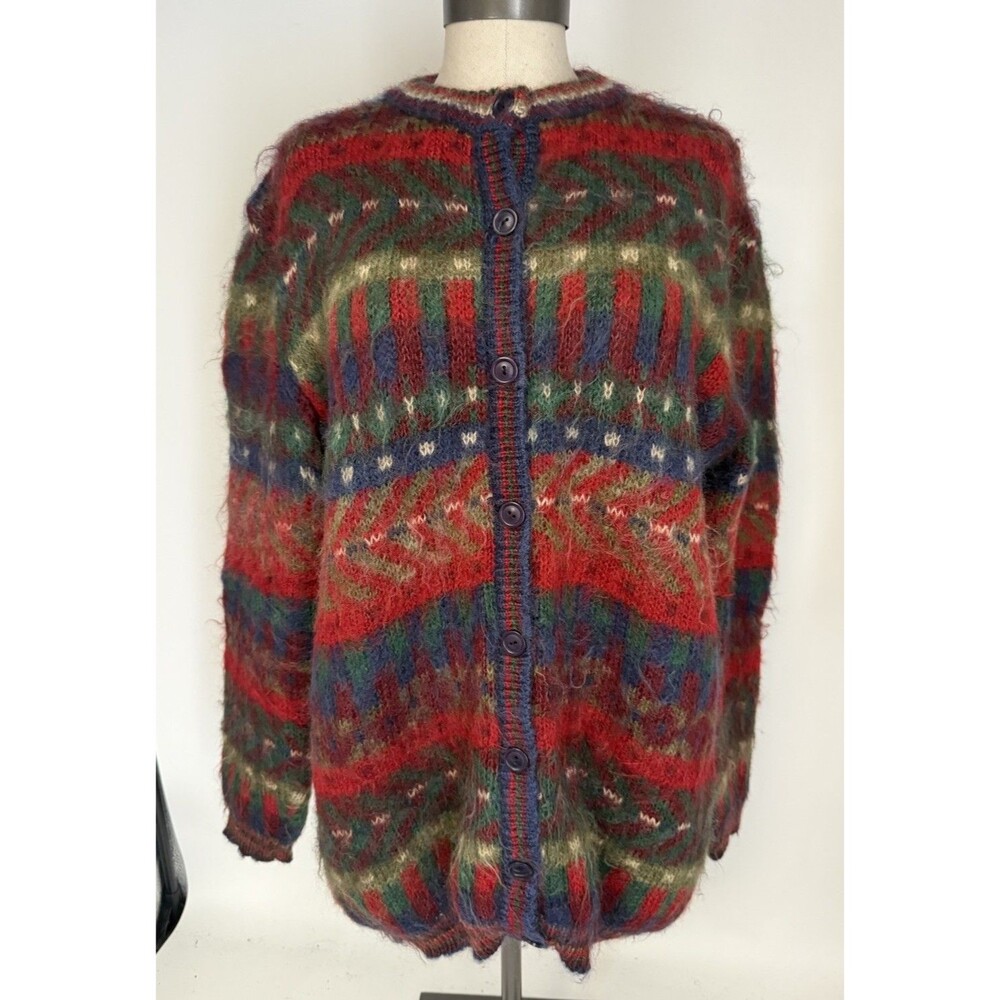 Vintage Timeless Handcrafted Mohair Thick Sweater Cardigan Folk Motive Size L